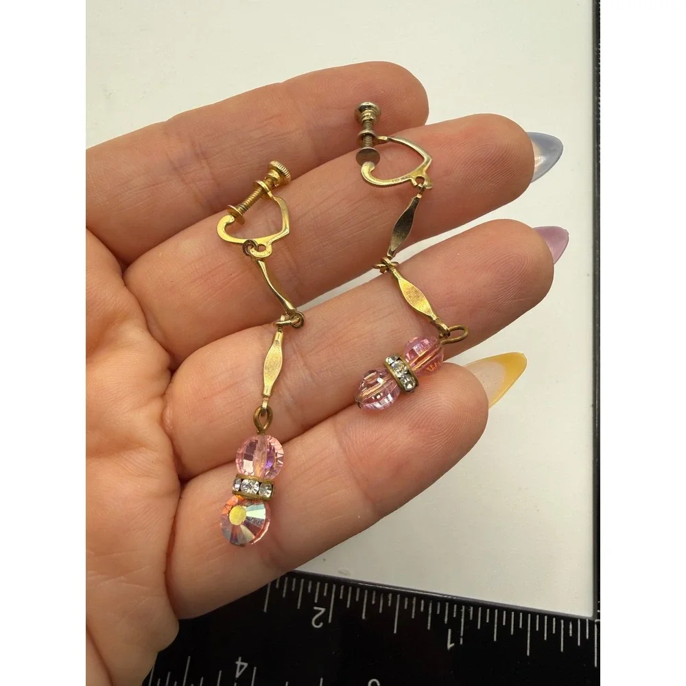 Vintage‎ Pink Aurora Borealis Crystal Dangle Screw Back Earrings Gold Tone Heart